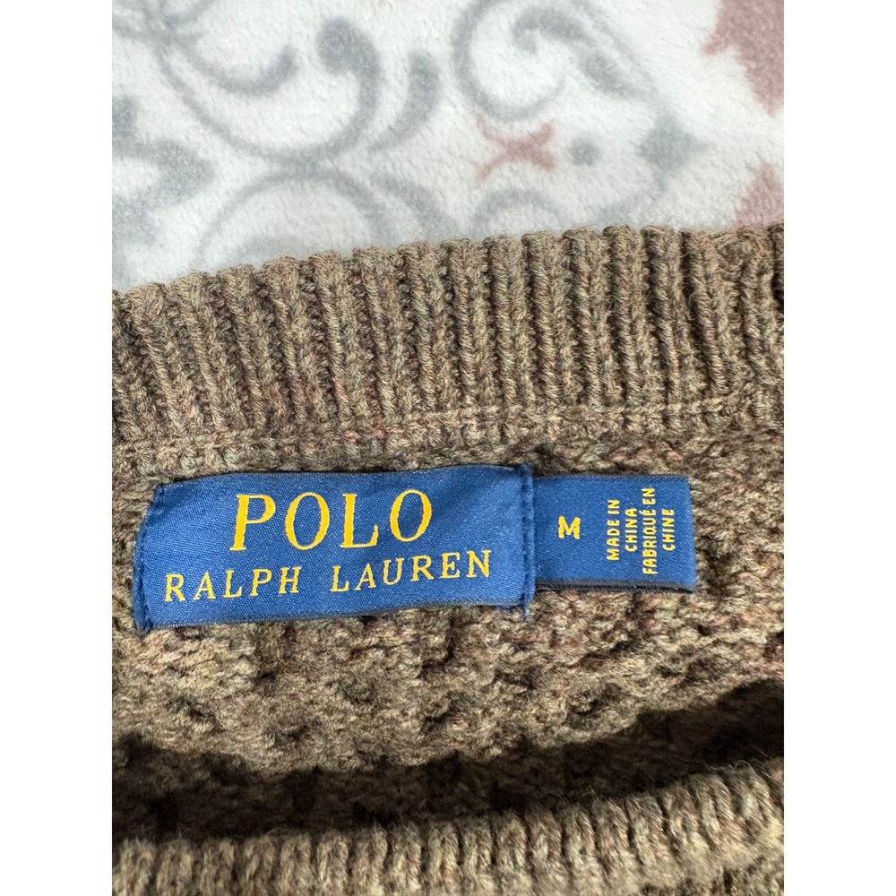 Polo Ralph Lauren Mens Medium Olive Brown Cable Knit Crewneck Sweater Raglan - Picture 2 of 6